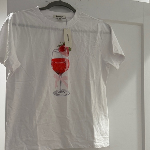 Francesca's Collections White Tee with Strawberry and Wine Glass Design - Picture 1 of 3
